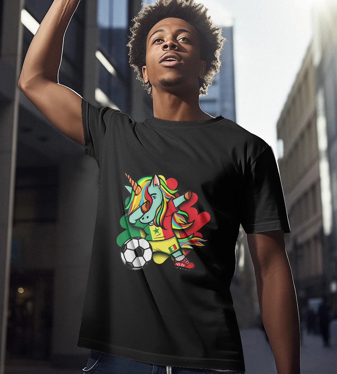 1sttheworld T-Shirt - Dabbing Unicorn Senegal Soccer Fans T-Shirt Black A35