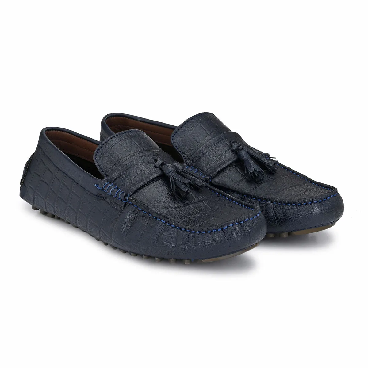 Blue Textured Leather Loafers