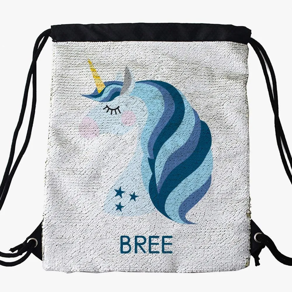 Blue Unicorn Custom Kids Flip Sequin Drawstring Backpack