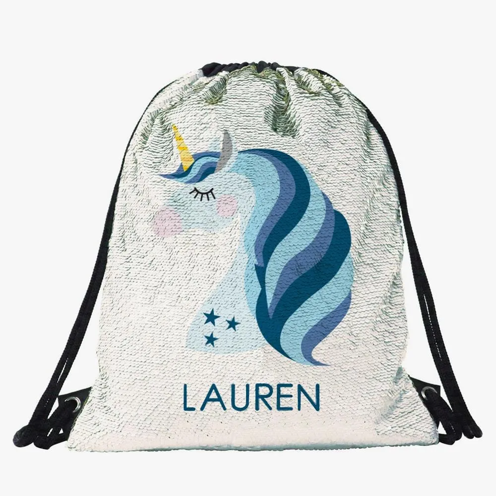 Blue Unicorn Custom Kids Flip Sequin Drawstring Backpack