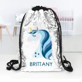 Blue Unicorn Custom Kids Flip Sequin Drawstring Backpack