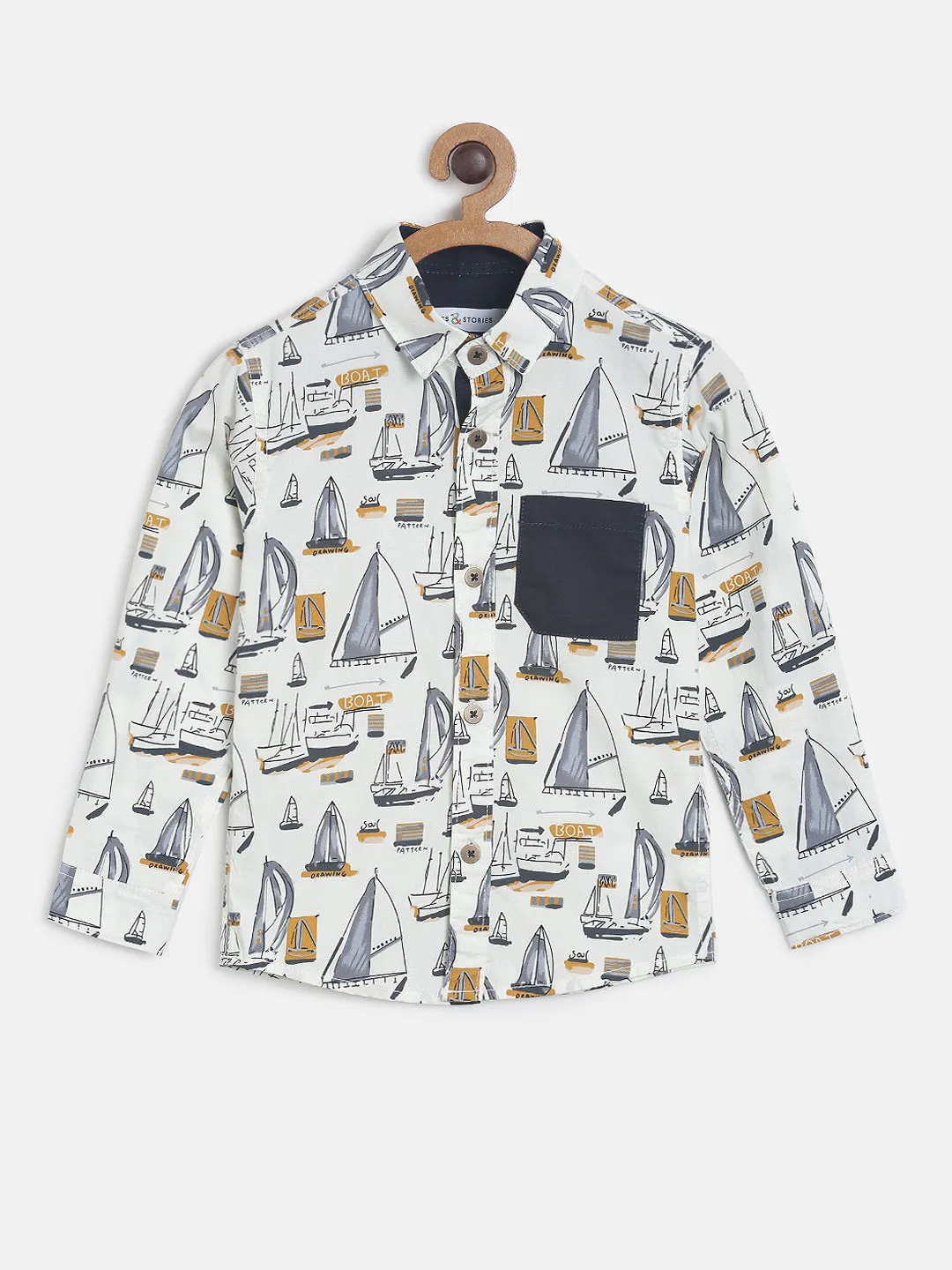 Boys White Ark Boat Printed Casual Shirt