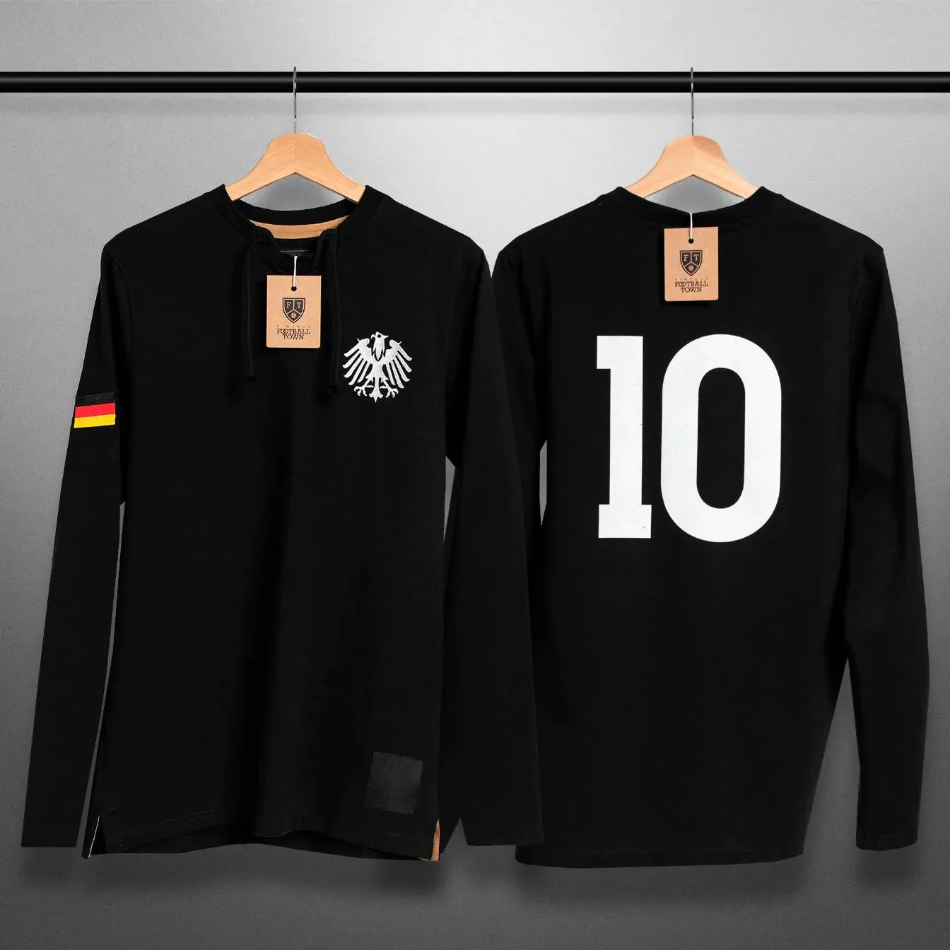 Germany Soccer-Inspired Retro with Laces Long Sleeve Shirt (Black)