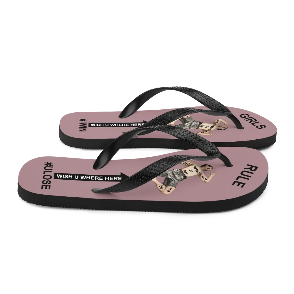 GIRLS RULE flip flops with CRUSHED TINY MAN underfoot dusty rose fabric NEW (2020-05-10)