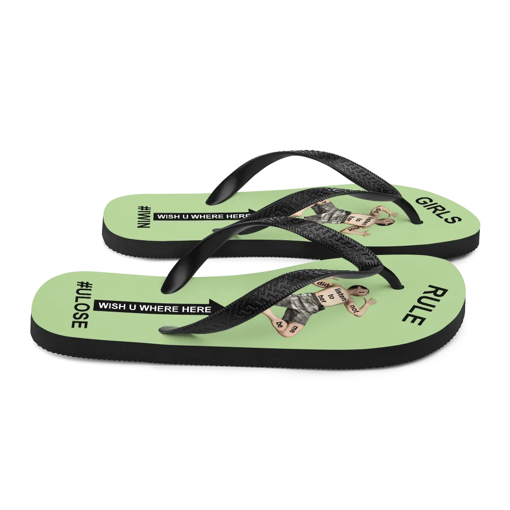 GIRLS RULE flip flops with CRUSHED TINY MAN underfoot pale green fabric NEW (2020-05-10)