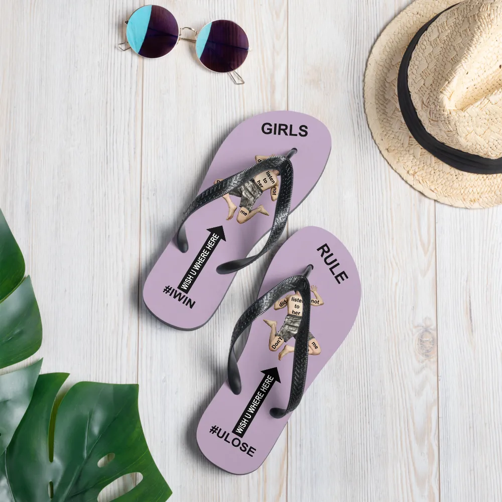 GIRLS RULE flip flops with CRUSHED TINY MAN underfoot pale purple fabric NEW (2020-05-10)