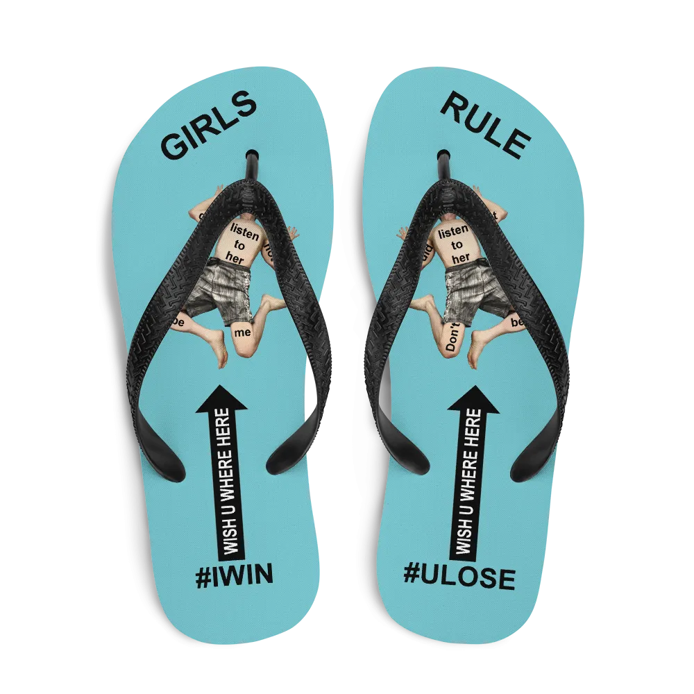 GIRLS RULE flip flops with CRUSHED TINY MAN underfoot robin egg blue fabric NEW (2020-05-10)