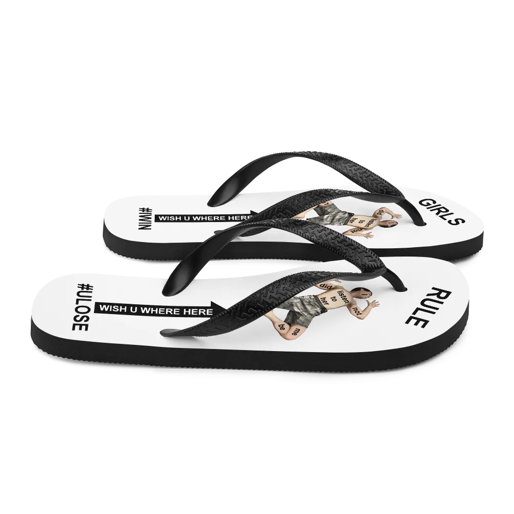 GIRLS RULE flip flops with CRUSHED TINY MAN underfoot white fabric NEW (2020-05-10)