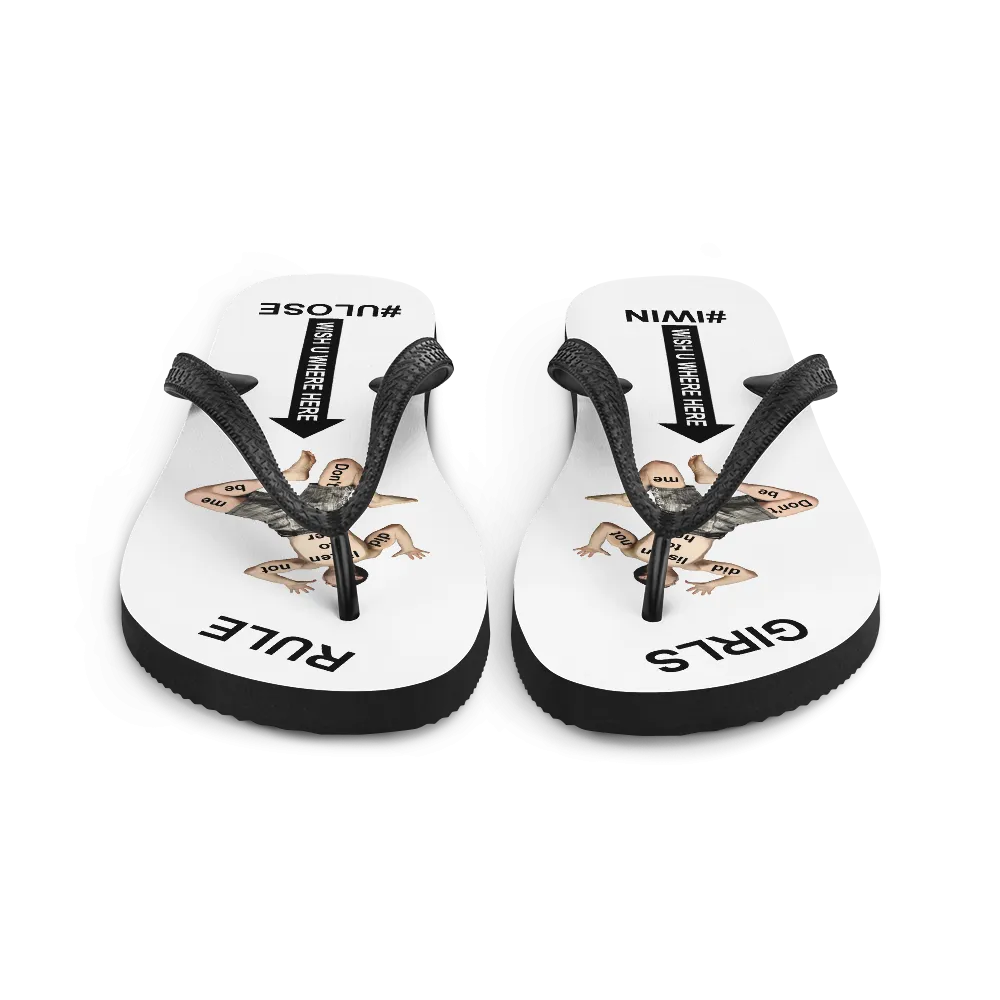 GIRLS RULE flip flops with CRUSHED TINY MAN underfoot white fabric NEW (2020-05-10)