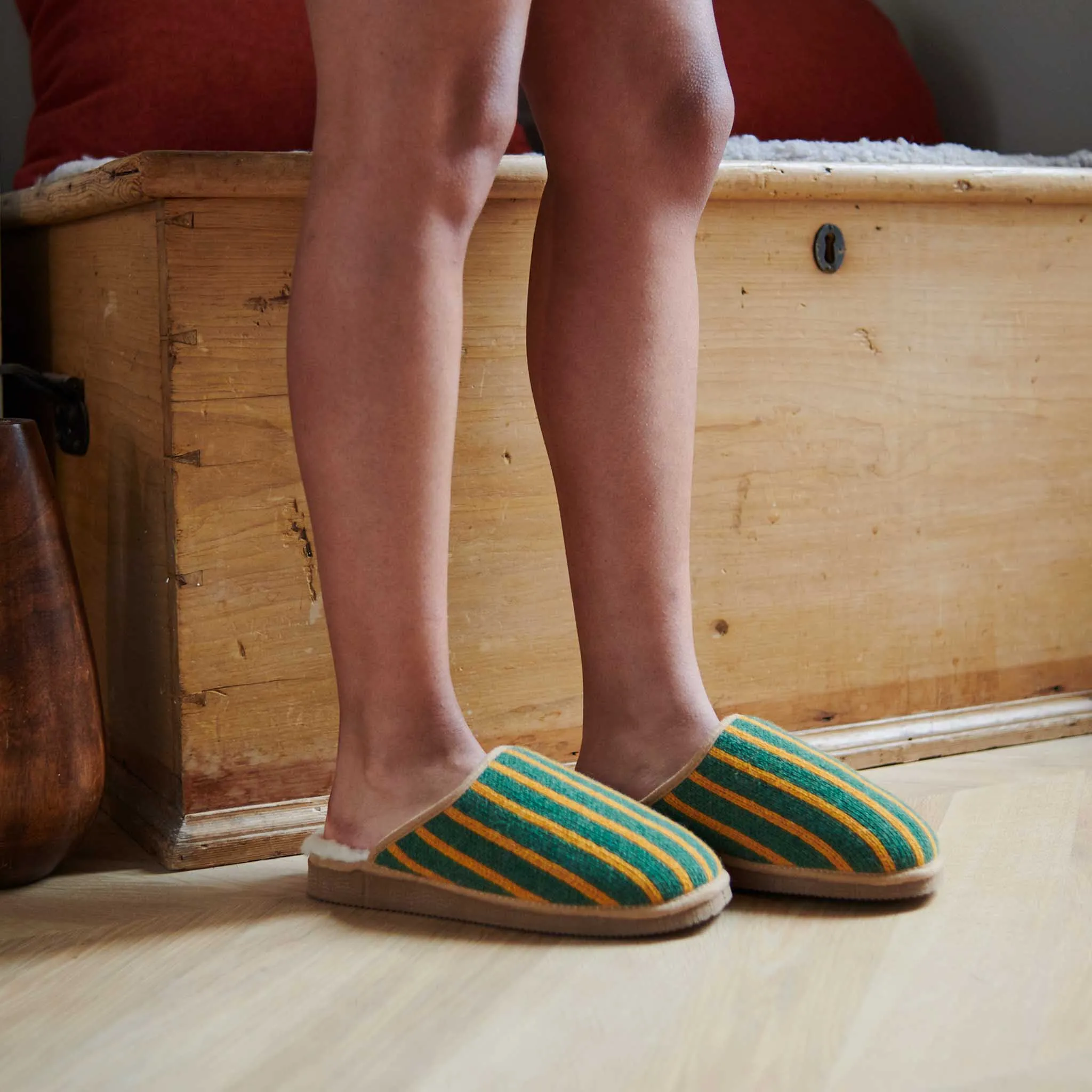 Green & Mustard Stripe Lambswool & Sheepskin Slippers