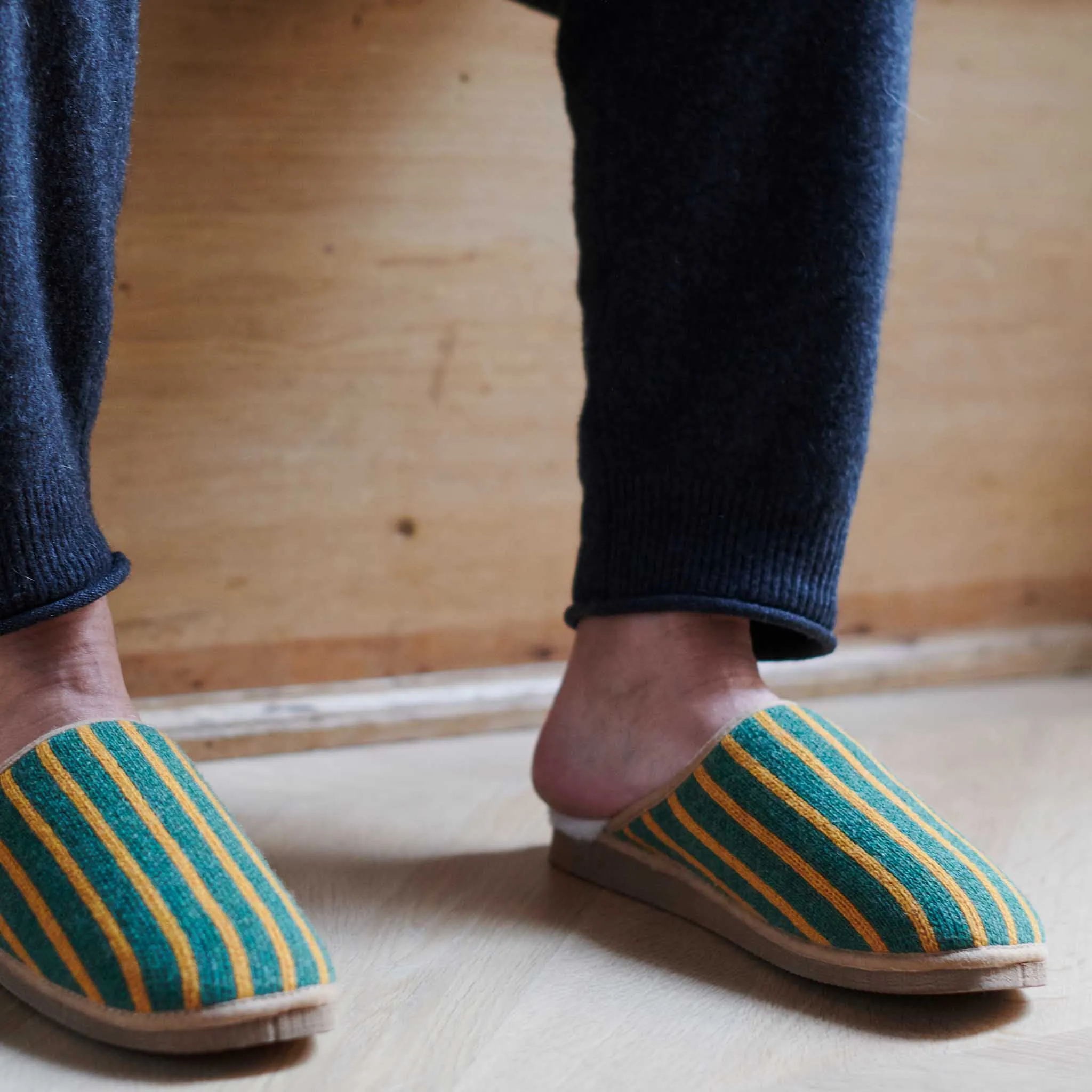 Green & Mustard Stripe Lambswool & Sheepskin Slippers