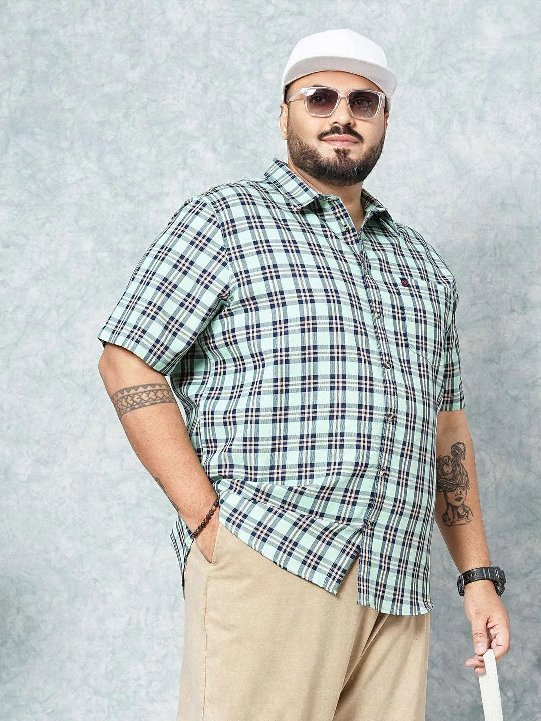 Hardsoda Men Green Plus Size Checked Casual Shirt