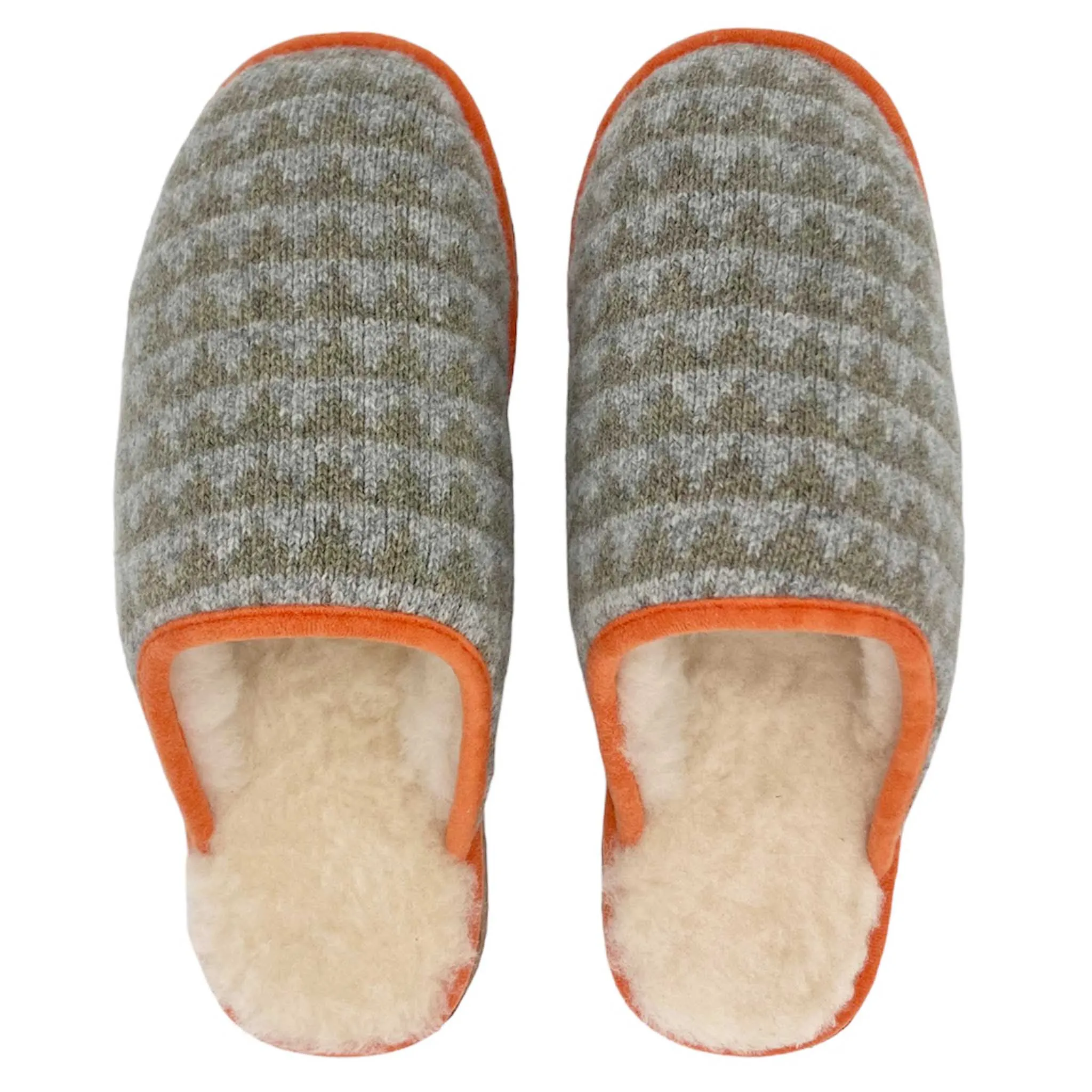 Khaki Green & Grey Triangle Lambswool & Sheepskin Slippers