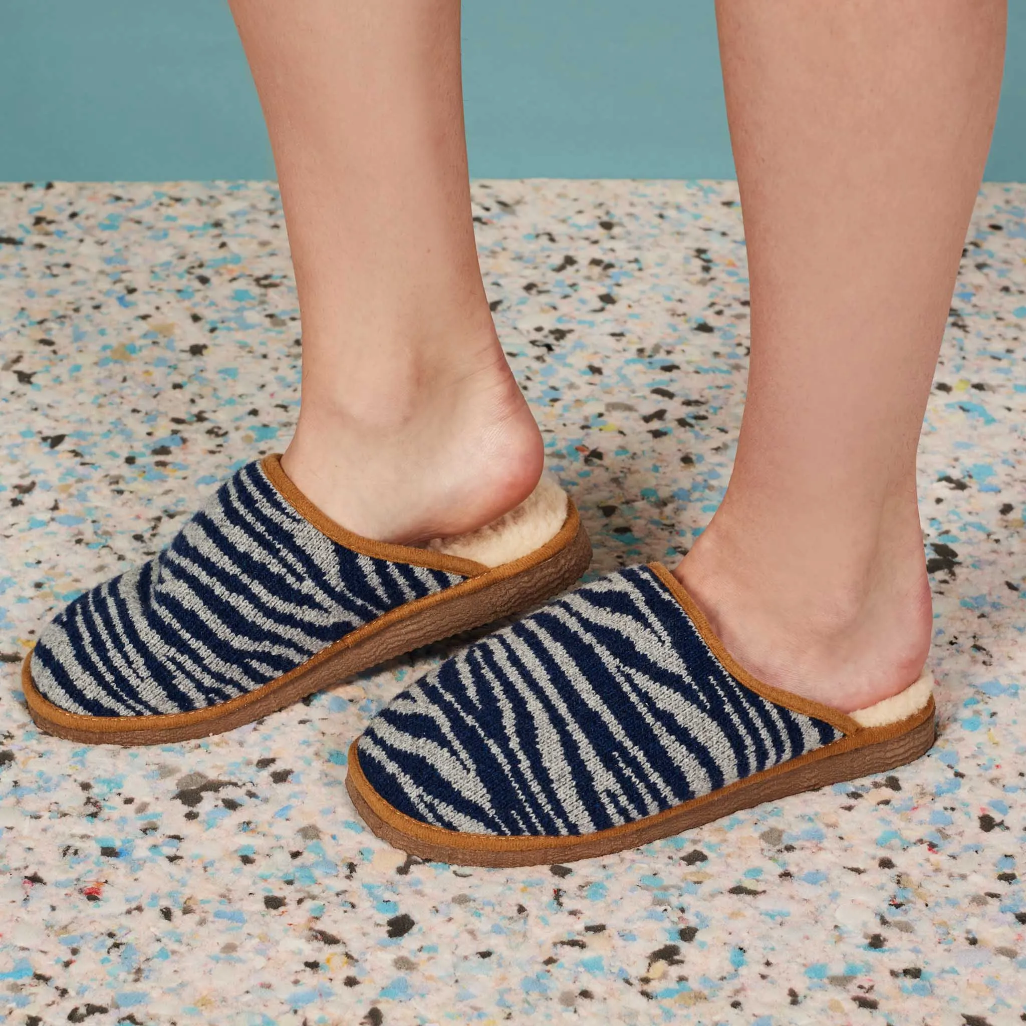 Navy Zebra Lambswool & Sheepskin Slippers