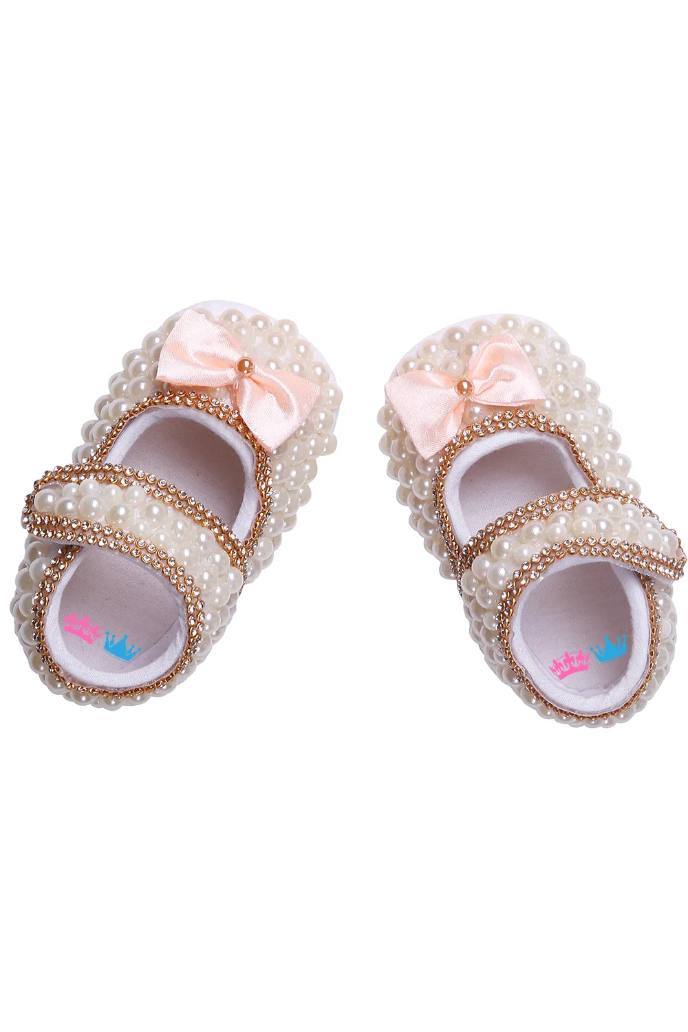 Peach Bow and White Pearl With Chain Border Shoes