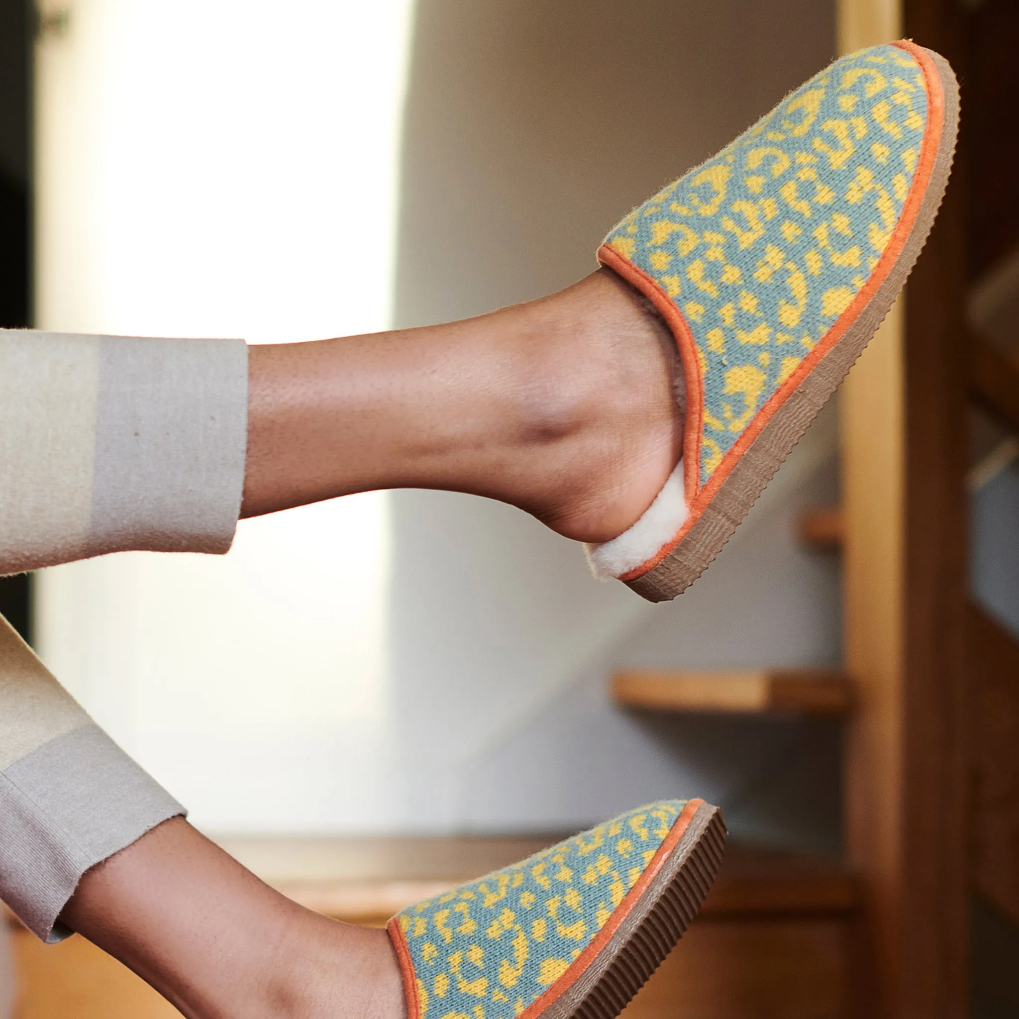 Yellow Leopard Print Lambswool & Sheepskin Slippers - SMALL ONLY