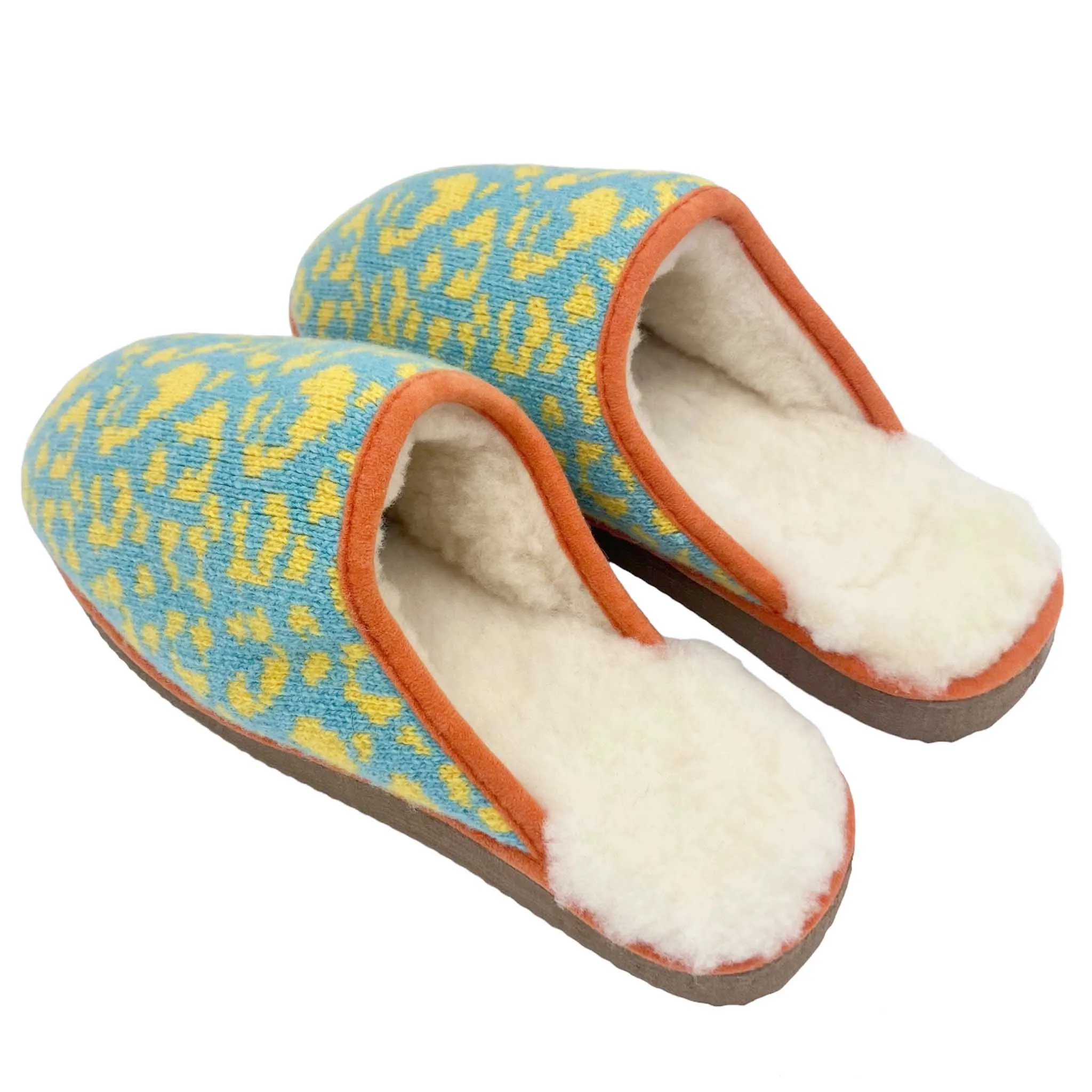 Yellow Leopard Print Lambswool & Sheepskin Slippers - SMALL ONLY